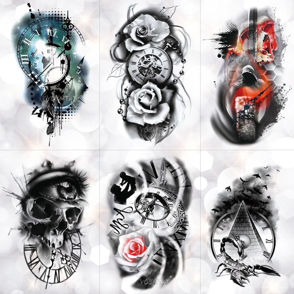 Family Rose Time clock Skull Temporary Tattoo Sticker Scorpion Tower Waterproof Tattoos Body Art Arm Fake Tatoo Men Wo