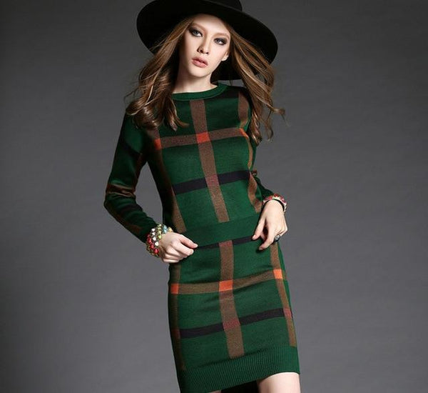 2019 new fashion women  long-sleeved plaid female  package hip skirt knitted suits women sets hot sale