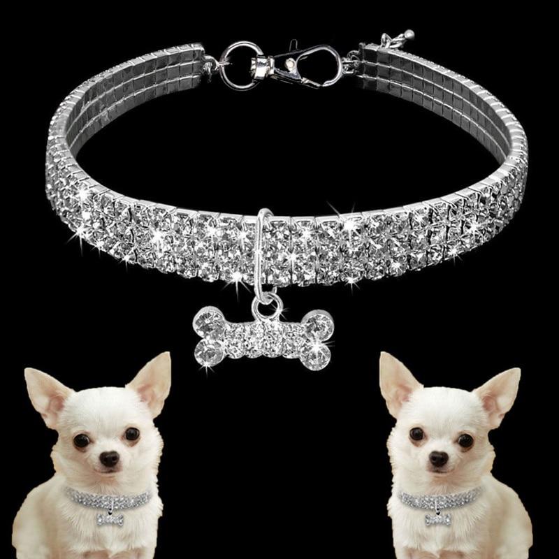 Cute Dog Collar Shining Diamonds Faux Dog Jewels Necklace Puppy Cat Elastic Collar with Bone Pendant Pet Cat Dog Accessory