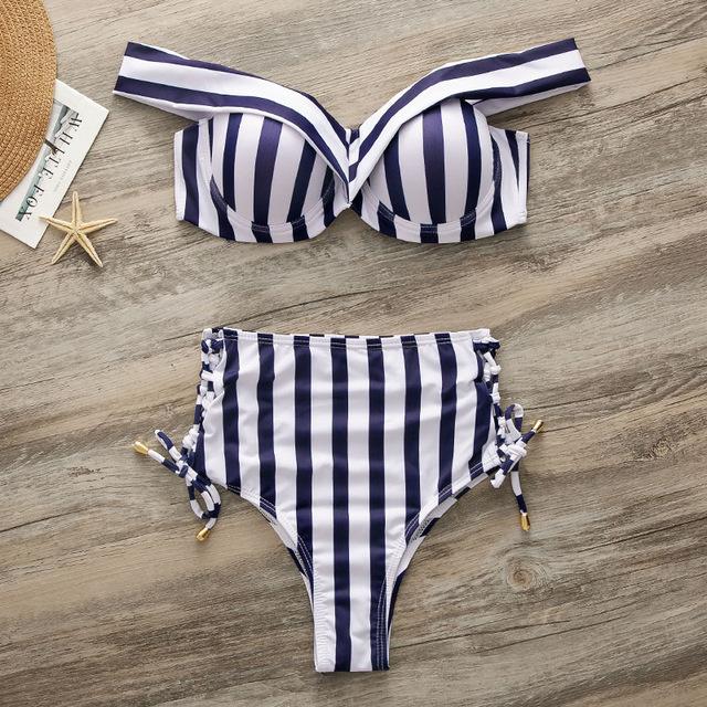 Striped swimsuit women High waist bikini set Off shoulder swimwear 2019 Lace up bathing suit Sexy two-piece suit Push up bathers
