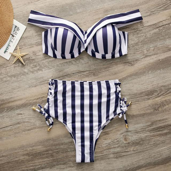 Striped swimsuit women High waist bikini set Off shoulder swimwear 2019 Lace up bathing suit Sexy two-piece suit Push up bathers