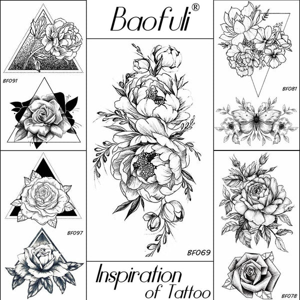 BAOFULI 20 Styles Women Black Flowers Tattoo Transferable Fake 3D Body Art Tatoos Neck Arms Sleeve Rose Temporary Tattoo Sticker