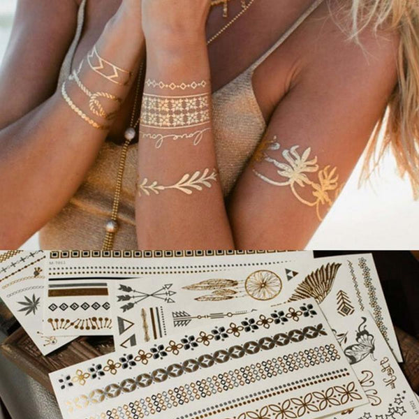 Bohemian Women Men Body Art Gold Metallic Tattoo Sticker Chain Bracelet Fake Jewelry Waterproof Temporary Tattoos Sticker #20
