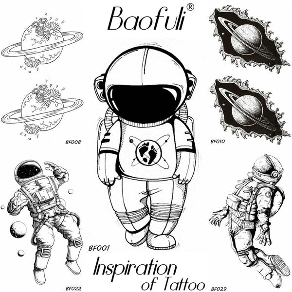 BAOFULI Men Black Waterproof Temporary Tattoo Astronaut Children Universe Series Fake Arm Tatoos Body Art Cartoon Tattoo Sticker