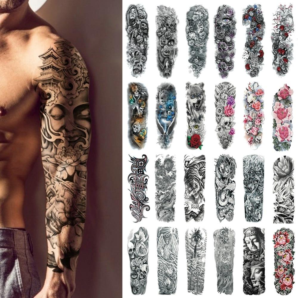 Large Arm Sleeve Tattoo Waterproof Temporary Tattoo Sticker Skull Rose Lotus Women Men Girl Full Flower Body Art Tatoo #288345