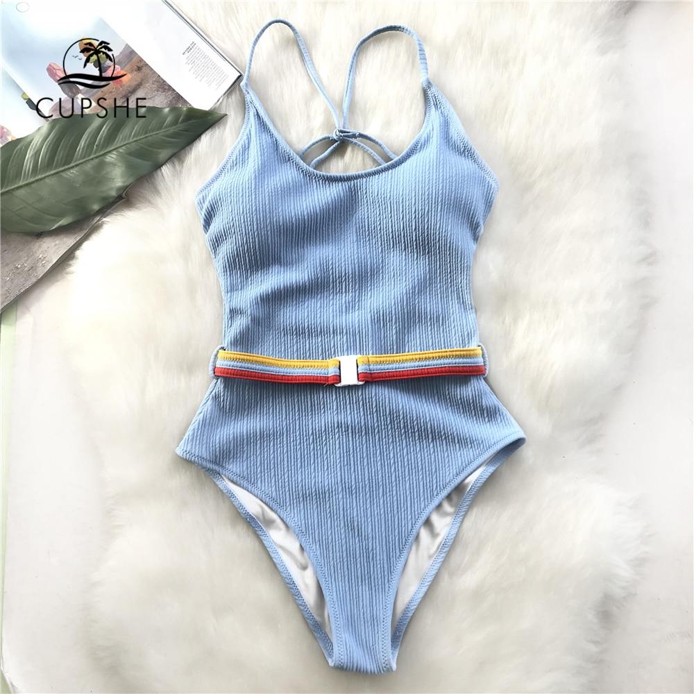CUPSHE Blue One-piece Swimsuit Women Cut Out Soild Monokinis With Single Waistband 2019 New Girl Beach Bathing Suit Swimwear