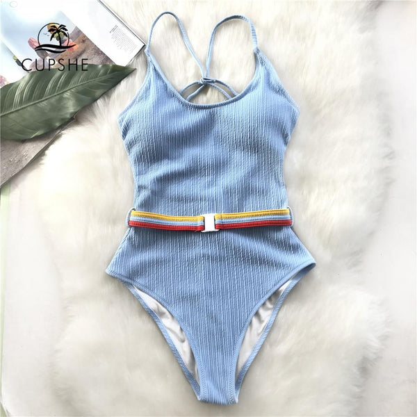 CUPSHE Blue One-piece Swimsuit Women Cut Out Soild Monokinis With Single Waistband 2019 New Girl Beach Bathing Suit Swimwear