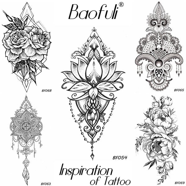 BAOFULI Women DIY Henna Flowers Temporary Tattoo Black Lotus Sleeve Fake Tatoos Body Art Jewelry Waterproof Arm Tattoo Stickers