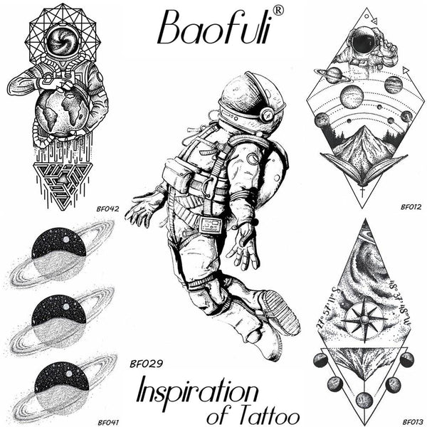 BAOFULI DIY Men Temporary Universe Cosmonaut Tattoo Black Waterproof Fake Tattoo Transferable Body Arm Astronaut Tatoos Stickers