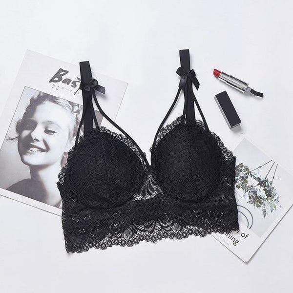 Women's Padded Bras Sweet Bow Push Up Lingerie Lace Flower Bra Bustier Seamless Bralette Bra