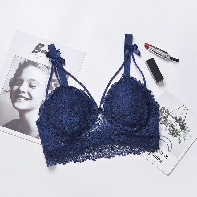 Women's Padded Bras Sweet Bow Push Up Lingerie Lace Flower Bra Bustier Seamless Bralette Bra
