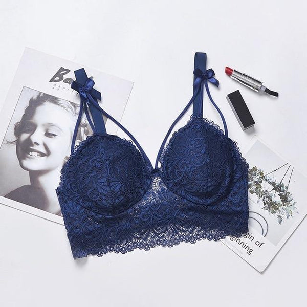 Women's Padded Bras Sweet Bow Push Up Lingerie Lace Flower Bra Bustier Seamless Bralette Bra