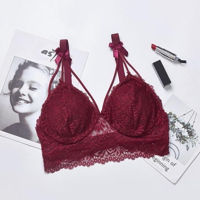 Women's Padded Bras Sweet Bow Push Up Lingerie Lace Flower Bra Bustier Seamless Bralette Bra