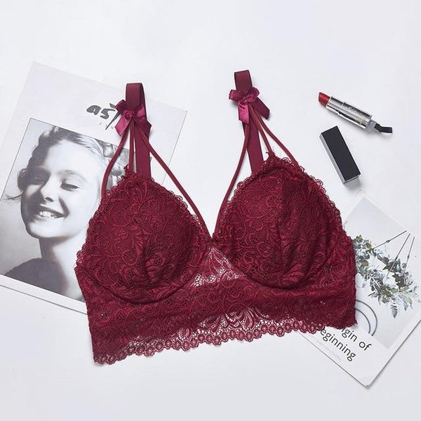 Women's Padded Bras Sweet Bow Push Up Lingerie Lace Flower Bra Bustier Seamless Bralette Bra