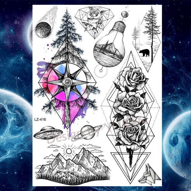 Black Diamond Geometry Owl Temporary Tattoo Sticker WOmen Fake Henna Waterproof Tattoo Decals 21*15CM Crystal Body Art ARm Tatoo