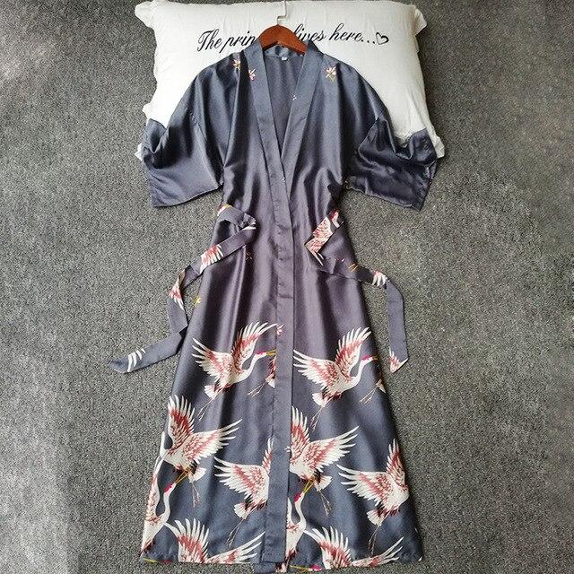 Women Silk Elegant Red-crowned Crane Print Dressing Gowns Female Satin Short Sleeve Kimono Bathrobe Bridesmaid Robe Sleepwear