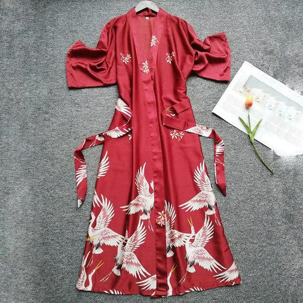 Women Silk Elegant Red-crowned Crane Print Dressing Gowns Female Satin Short Sleeve Kimono Bathrobe Bridesmaid Robe Sleepwear
