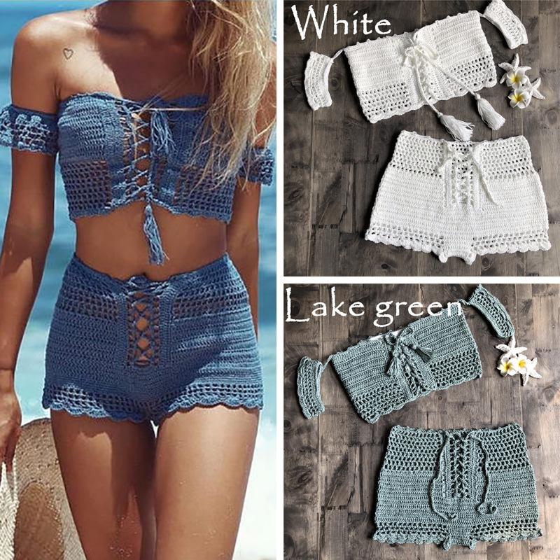 2019 New Fashion Beach Bikini Set Knitting Swimsuit Crochet Bohemia Style Off Shoulder Bathing Handmade Tassels Sexy Bikini Bra