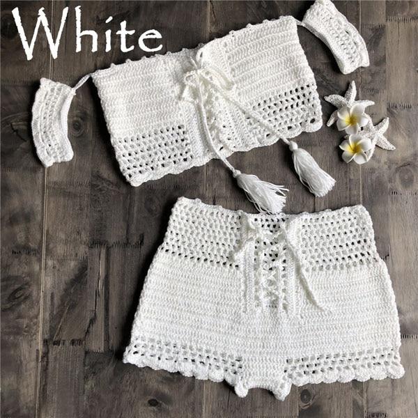 2019 New Fashion Beach Bikini Set Knitting Swimsuit Crochet Bohemia Style Off Shoulder Bathing Handmade Tassels Sexy Bikini Bra