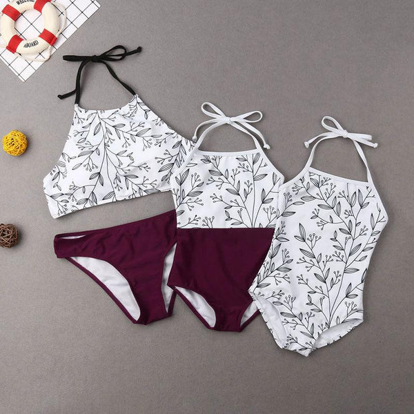 Family Matching Swimsuit Kid Women Summer Beach Bikini Set Ladies 2 Pcs Girls One-piece Print Holiday Halter Swimwear Swimsuit