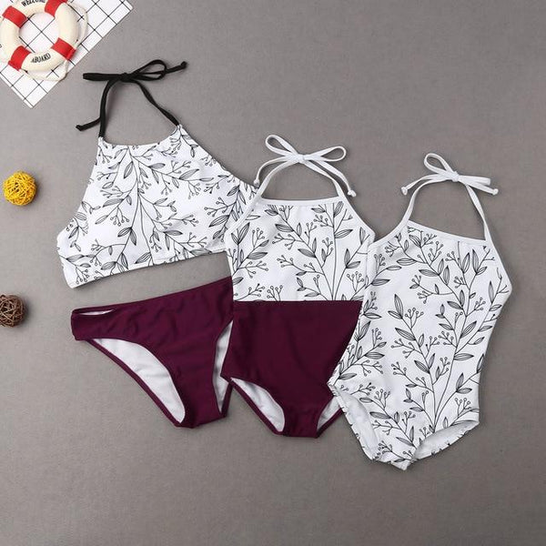 Family Matching Swimsuit Kid Women Summer Beach Bikini Set Ladies 2 Pcs Girls One-piece Print Holiday Halter Swimwear Swimsuit