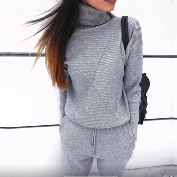 Autumn Winter Women Knitted Set 2019 Casual Knitted Tracksuit Turtleneck Sweater + Winter Pants Women Sweatshirts 2 Piece Suit