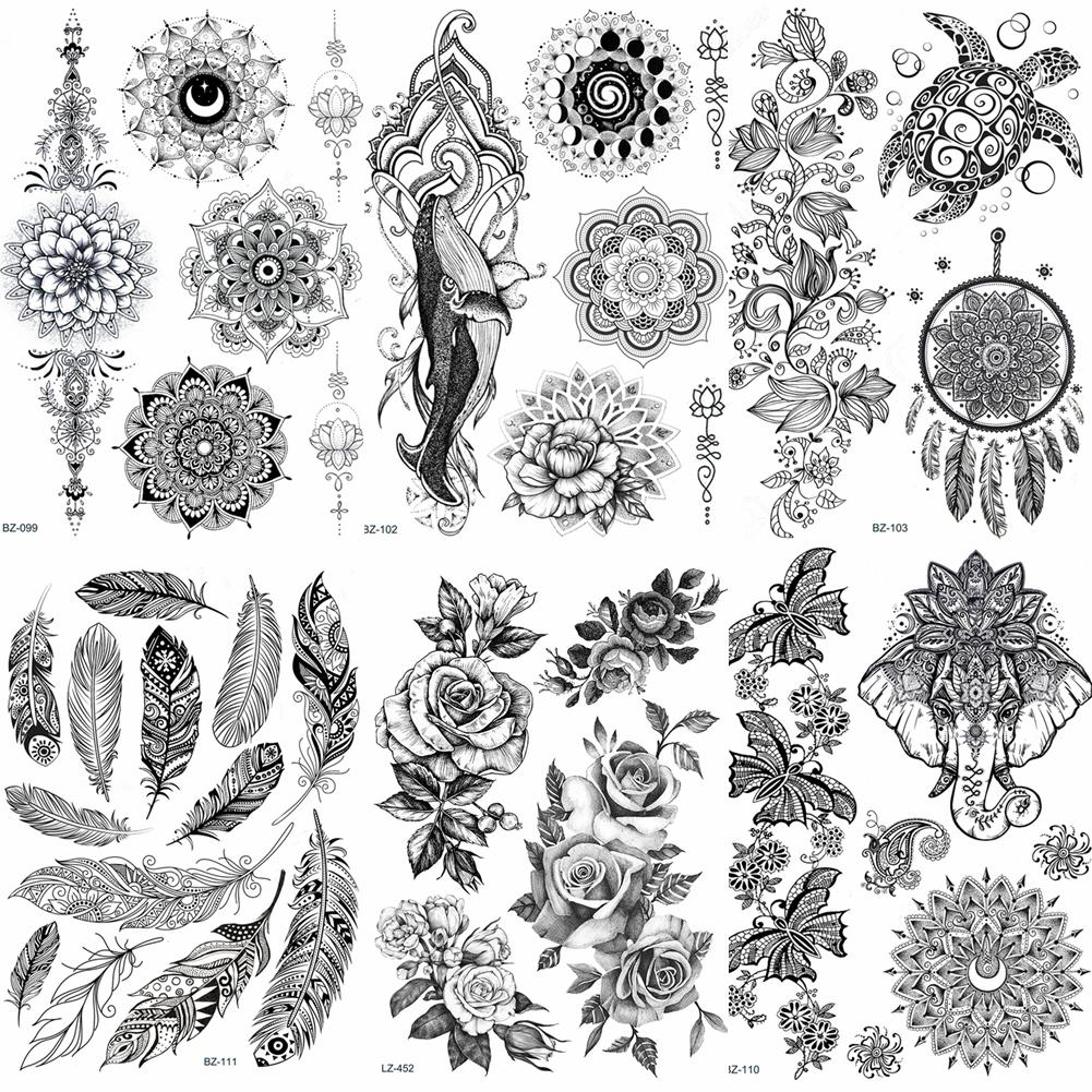 Lace Black Henna Temporary Tattoo Sticker Owl Mandala Waterproof Fake Tattoo Body Art Women 20x15CM Mehndi Bracelet Tatoo Paste