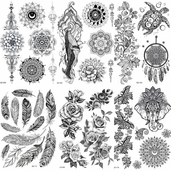 Lace Black Henna Temporary Tattoo Sticker Owl Mandala Waterproof Fake Tattoo Body Art Women 20x15CM Mehndi Bracelet Tatoo Paste