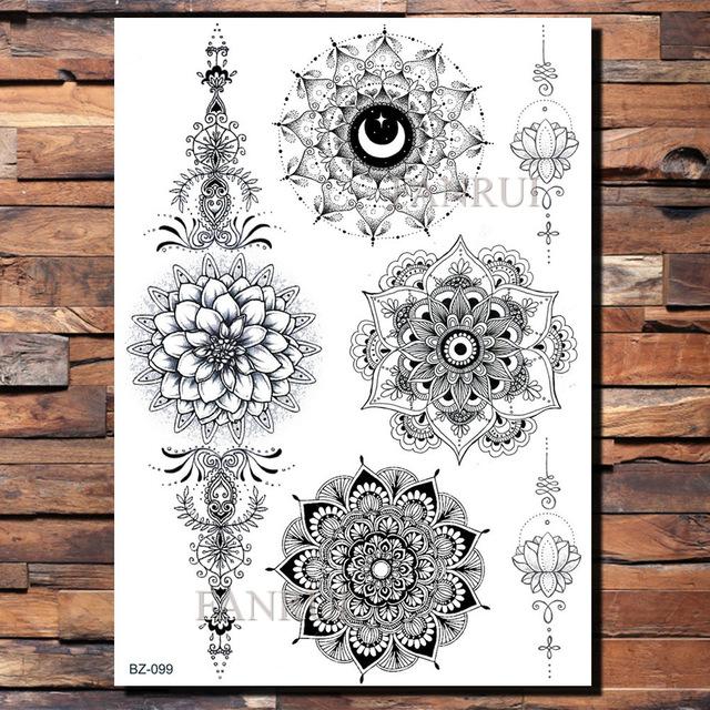 Lace Black Henna Temporary Tattoo Sticker Owl Mandala Waterproof Fake Tattoo Body Art Women 20x15CM Mehndi Bracelet Tatoo Paste