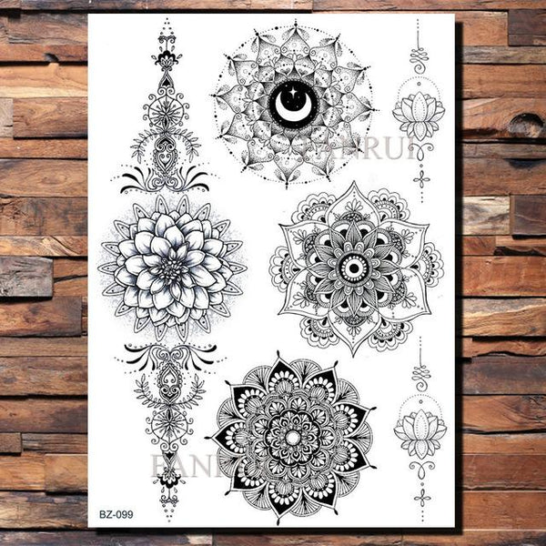Lace Black Henna Temporary Tattoo Sticker Owl Mandala Waterproof Fake Tattoo Body Art Women 20x15CM Mehndi Bracelet Tatoo Paste