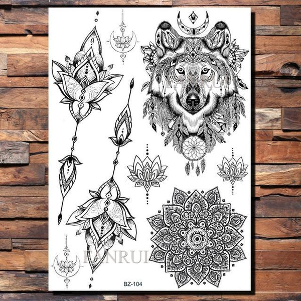 Lace Black Henna Temporary Tattoo Sticker Owl Mandala Waterproof Fake Tattoo Body Art Women 20x15CM Mehndi Bracelet Tatoo Paste