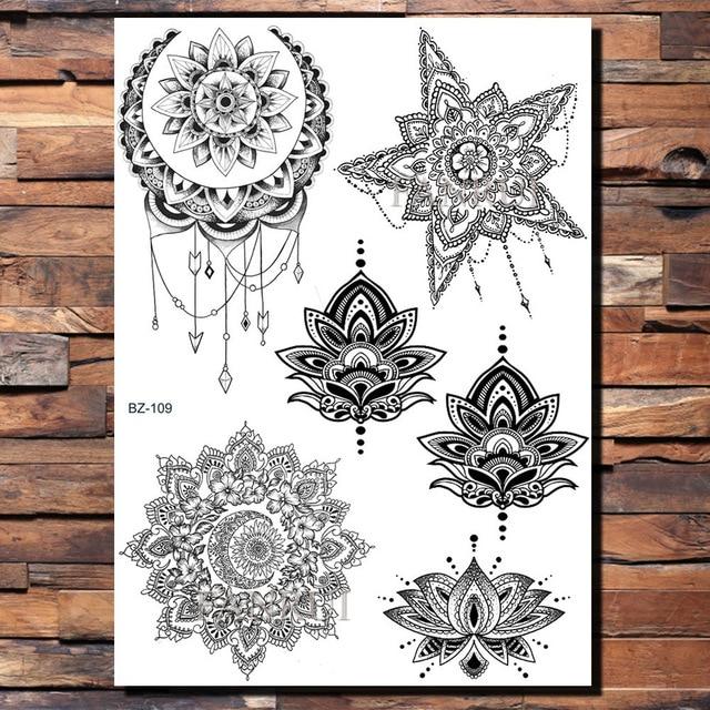 Lace Black Henna Temporary Tattoo Sticker Owl Mandala Waterproof Fake Tattoo Body Art Women 20x15CM Mehndi Bracelet Tatoo Paste