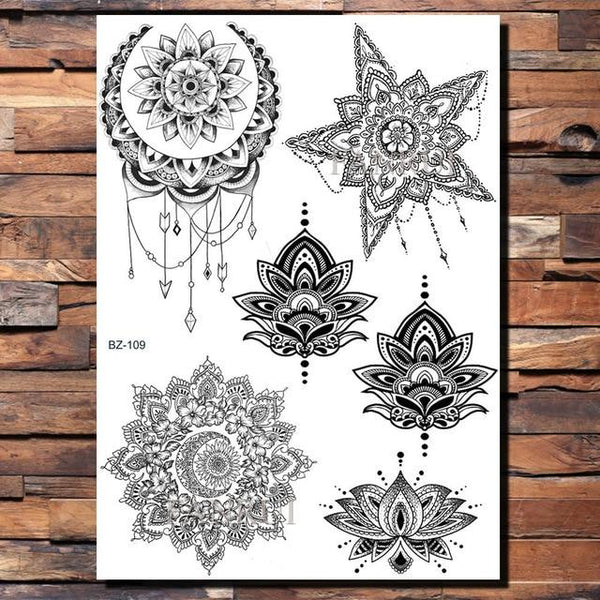 Lace Black Henna Temporary Tattoo Sticker Owl Mandala Waterproof Fake Tattoo Body Art Women 20x15CM Mehndi Bracelet Tatoo Paste
