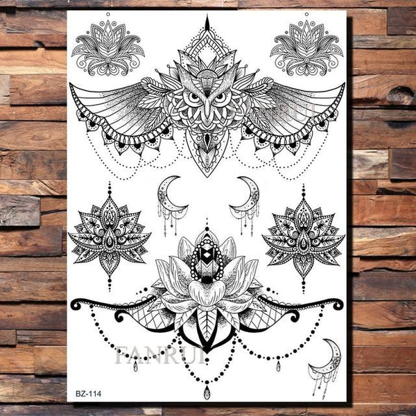 Lace Black Henna Temporary Tattoo Sticker Owl Mandala Waterproof Fake Tattoo Body Art Women 20x15CM Mehndi Bracelet Tatoo Paste