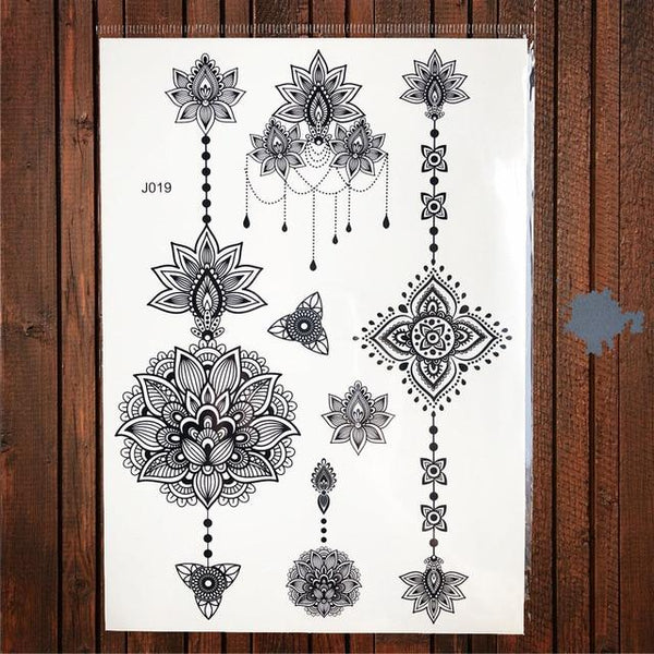 Lace Black Henna Temporary Tattoo Sticker Owl Mandala Waterproof Fake Tattoo Body Art Women 20x15CM Mehndi Bracelet Tatoo Paste