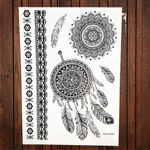 Lace Black Henna Temporary Tattoo Sticker Owl Mandala Waterproof Fake Tattoo Body Art Women 20x15CM Mehndi Bracelet Tatoo Paste
