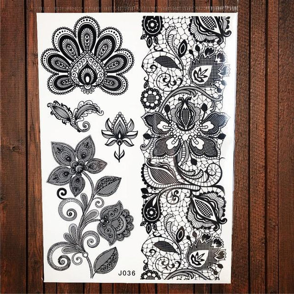 Lace Black Henna Temporary Tattoo Sticker Owl Mandala Waterproof Fake Tattoo Body Art Women 20x15CM Mehndi Bracelet Tatoo Paste