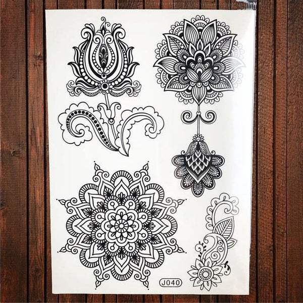 Lace Black Henna Temporary Tattoo Sticker Owl Mandala Waterproof Fake Tattoo Body Art Women 20x15CM Mehndi Bracelet Tatoo Paste