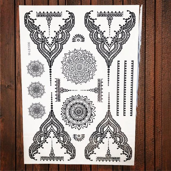 Lace Black Henna Temporary Tattoo Sticker Owl Mandala Waterproof Fake Tattoo Body Art Women 20x15CM Mehndi Bracelet Tatoo Paste