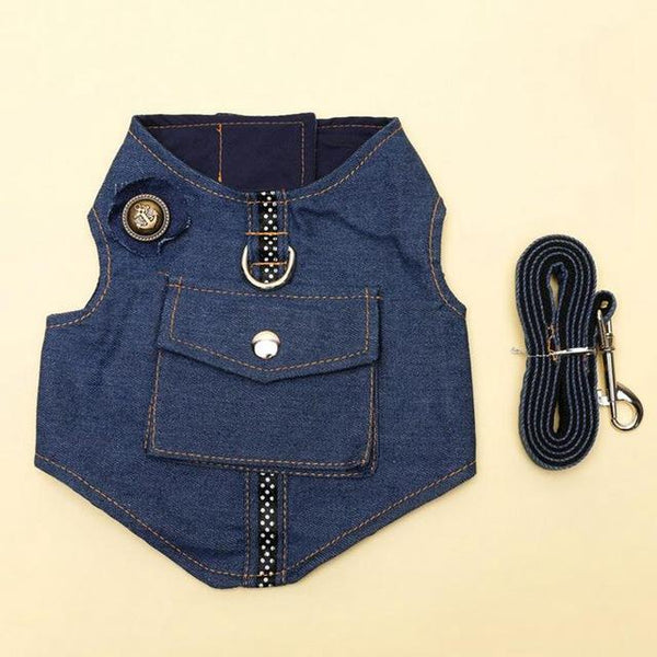 Denim Dog Vest Harness Leash Set Stars for Small Medium Dogs Jeans Clothes Coat Apparel Wear Teddy Terrier Puppy Pet Supplies