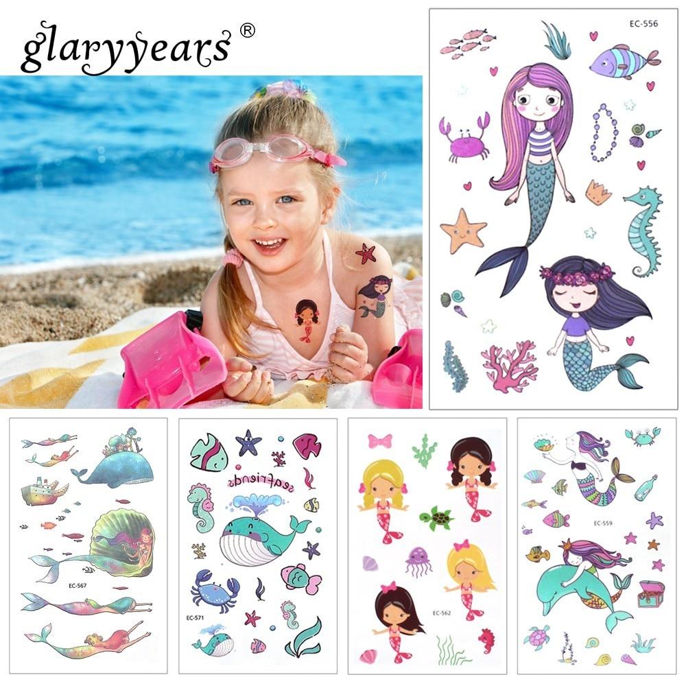 Glaryyears 1 Sheet Temporary Tattoo Sticker Fashion Fake Tatoo Mermaid Flash Tatto Waterproof Small Body Art Children 21 Designs
