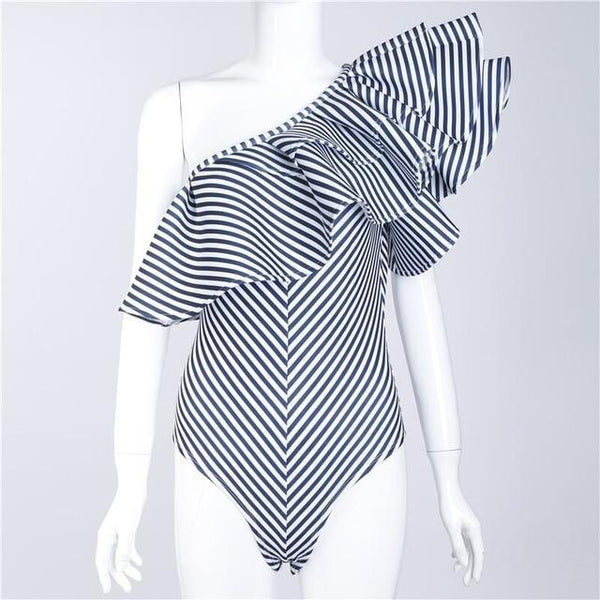 2019 Black White Ruffles Jumpsuit Romper One Piece Swimsuit Brazilian One Off Shoulder Monokini Swimwear Bathing Suit For Women