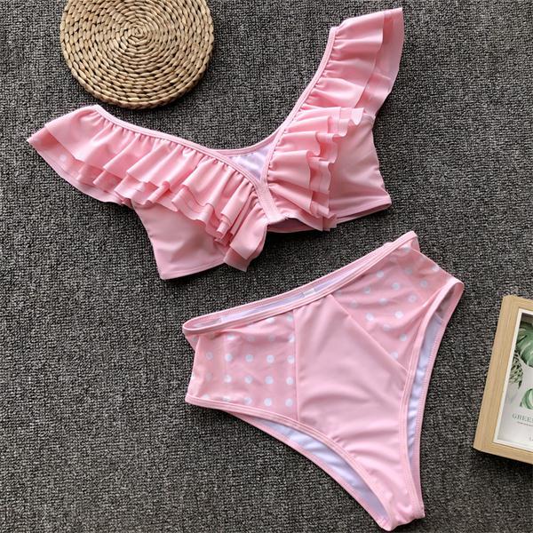 Lace Swimsuit Ruffles Swimwear Solid Bikini Set Push Up Bikini 2019 High Waist Swimming Suit Sexy Halter Bathing Suit Women Suit