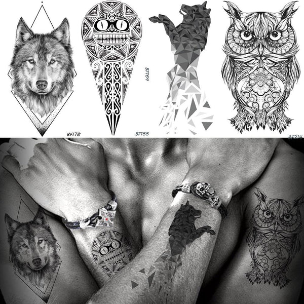 Baofuli Waterproof Temporary Tattoo Geometry Wolf Owl Sticker God Totem Black Tattoos Fake Tatoo Men Arm Body Art Animal