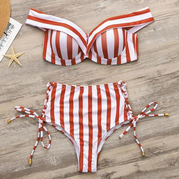 Striped swimsuit women High waist bikini set Off shoulder swimwear 2019 Lace up bathing suit Sexy two-piece suit Push up bathers