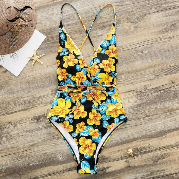 Bikinx Floral print push up one piece swimsuit female Sexy bathers brazilian bikini 2019 Deep v halter swimwear women monokini