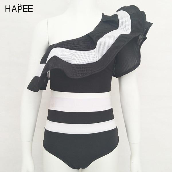 2019 New Summer Black White Ruffles Swimsuit Women Striped Two Piece Bikini Set One Off Shoulder Swimwear Sexy Beach Biqiuni