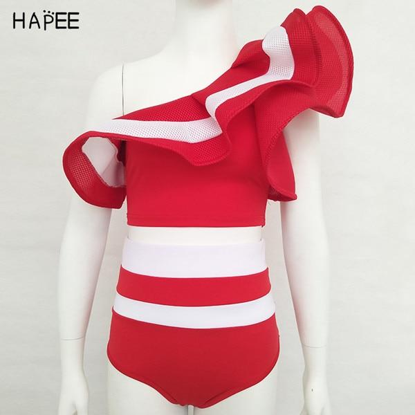 2019 New Summer Black White Ruffles Swimsuit Women Striped Two Piece Bikini Set One Off Shoulder Swimwear Sexy Beach Biqiuni