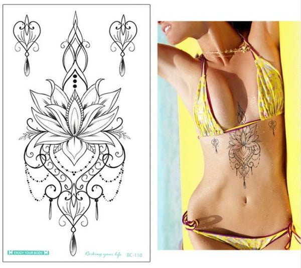 New designs Chest Flash Tattoo large rose flower dragonfly shoulder arm Sternum tattoos henna body/back paint Under breast skull