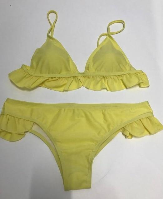 Solid Swimwear Women Swimg Padded Push-up Bra Ladies Bikini Set Ruffles Swimsuit Low Waist Bathing Suit Swimwear Beachwear